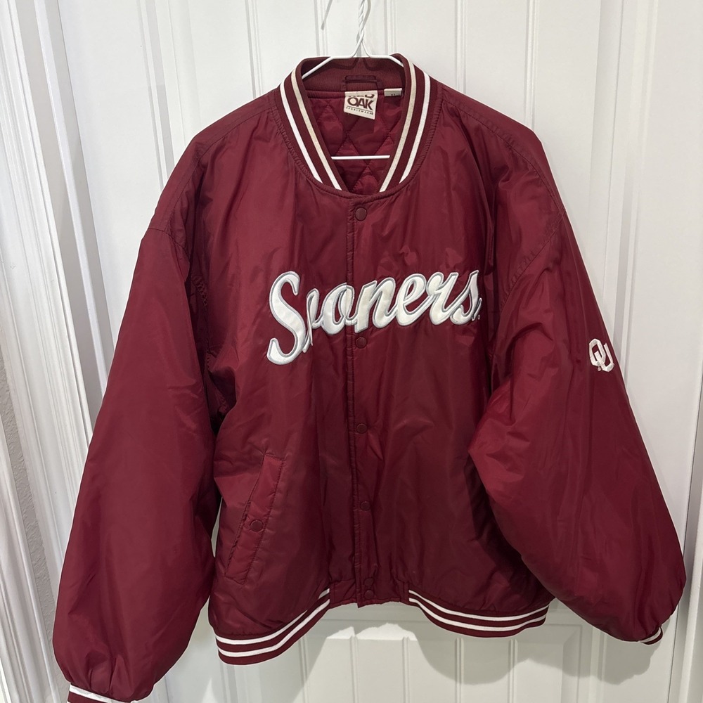 Oklahoma Sooners Vintage Red Oak Bomber Jacket XL Maroon Red Nylon Varsity 4421